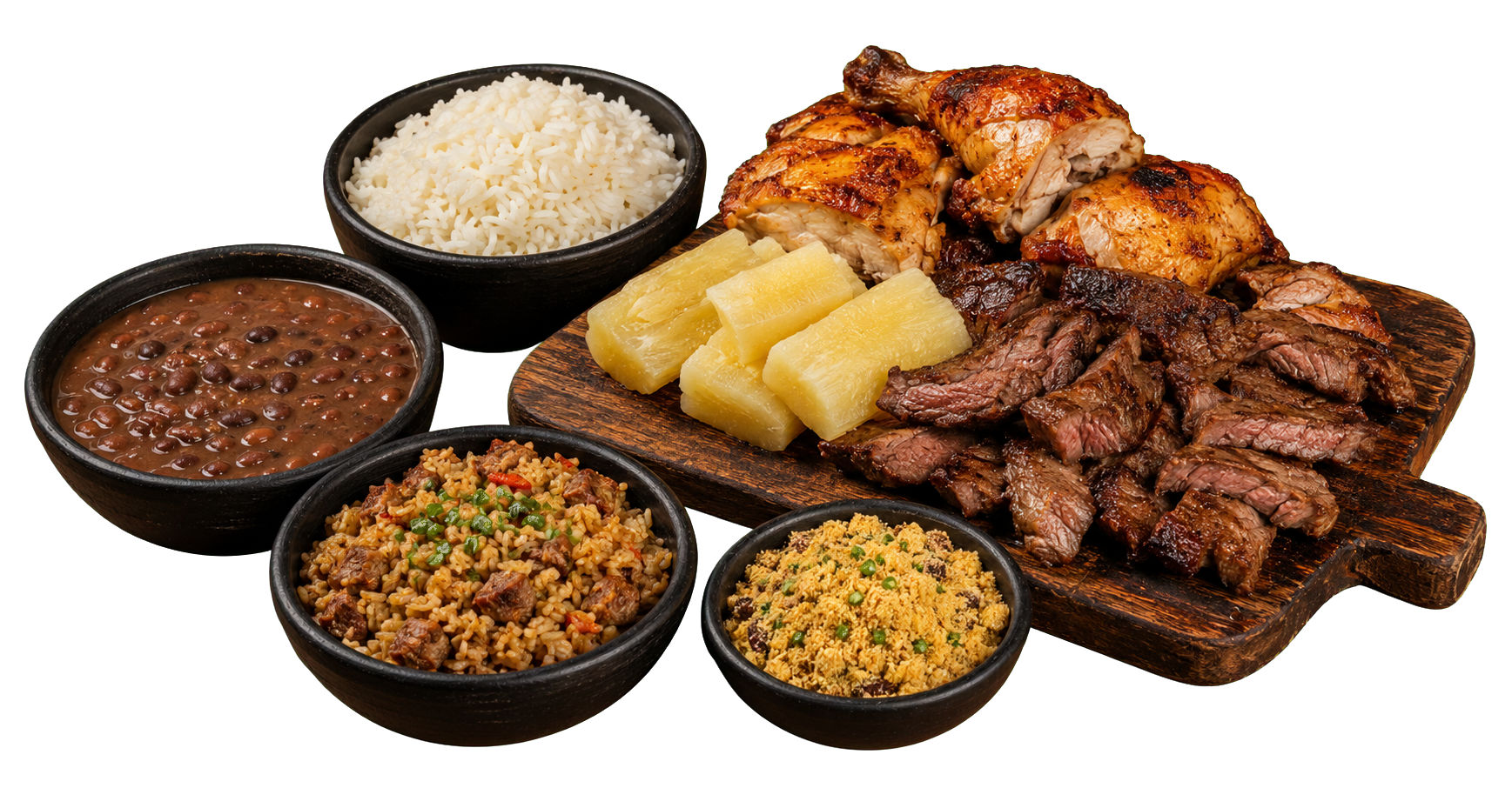 Almoço com arroz, feijão, carreteiro, farofa, mandioca, churrasco e frango assado